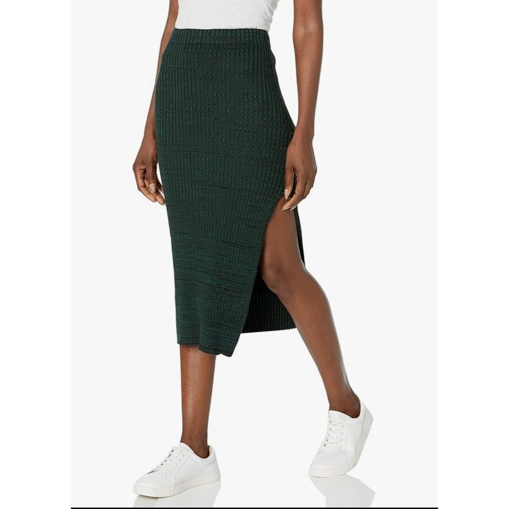 NWT MONROW Womens Ribbed Knit Midi Skirt Green Side Slit Drawstring Waist Size S